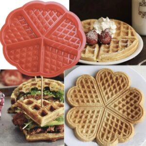 Molde de silicona rojo para 5 waffles en forma de corazón, ideal para desayunos románticos y divertidos.