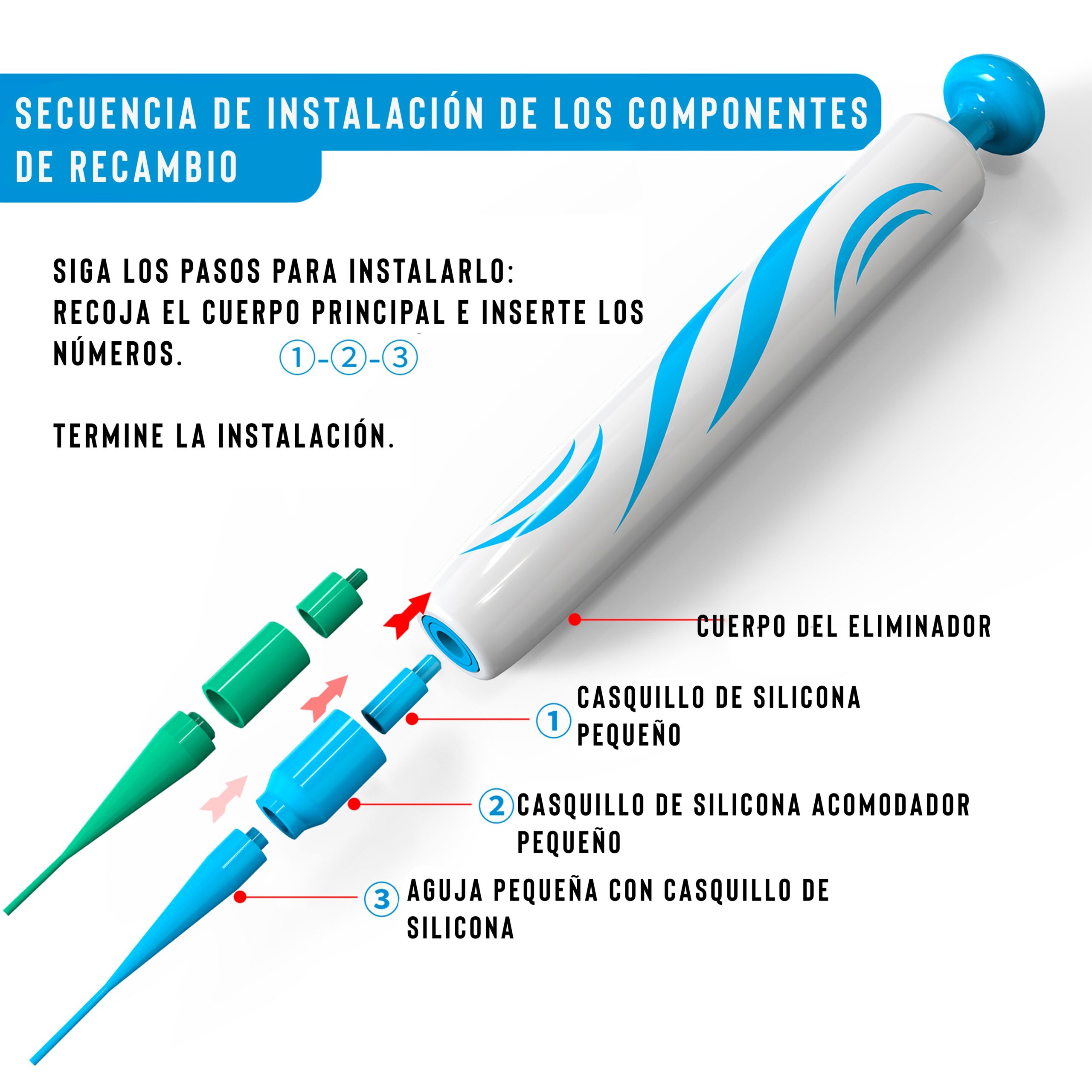 Kit eliminador de verrugas de silicona, con cuerpo blanco y azul, mostrando pasos de instalación.