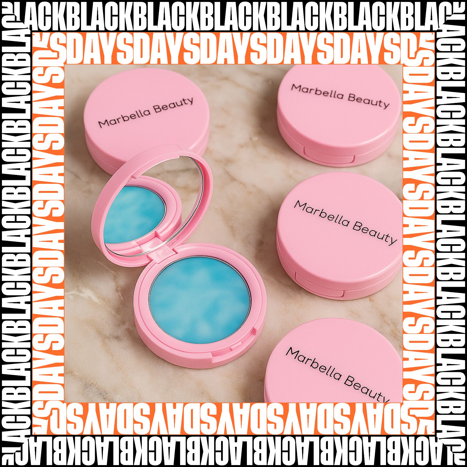 Polvo matificante Marbella Beauty en empaque rosa, uno abierto muestra producto azul para pieles mixtas/grasas.