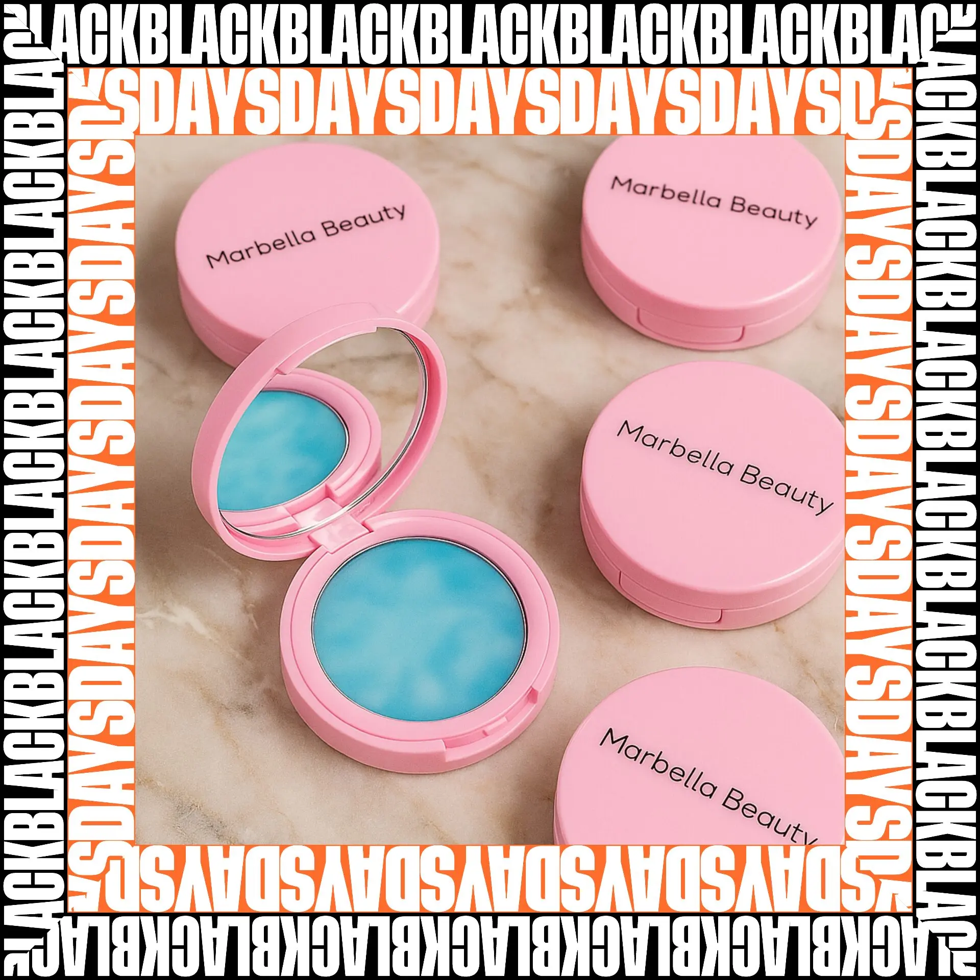 Polvo matificante Marbella Beauty en empaque rosa, uno abierto muestra producto azul para pieles mixtas/grasas.