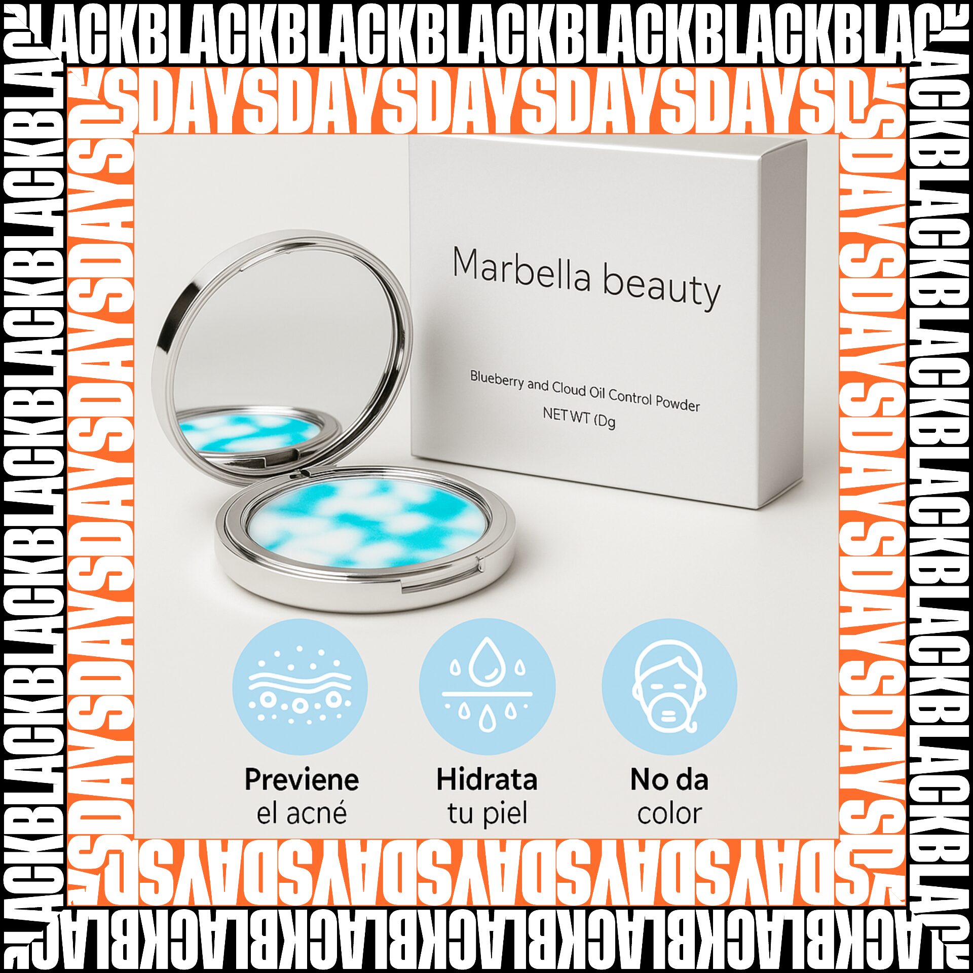Polvo matificante Marbella Beauty en empaque plateado con espejo, ideal para pieles grasas, controla brillo y sudor.