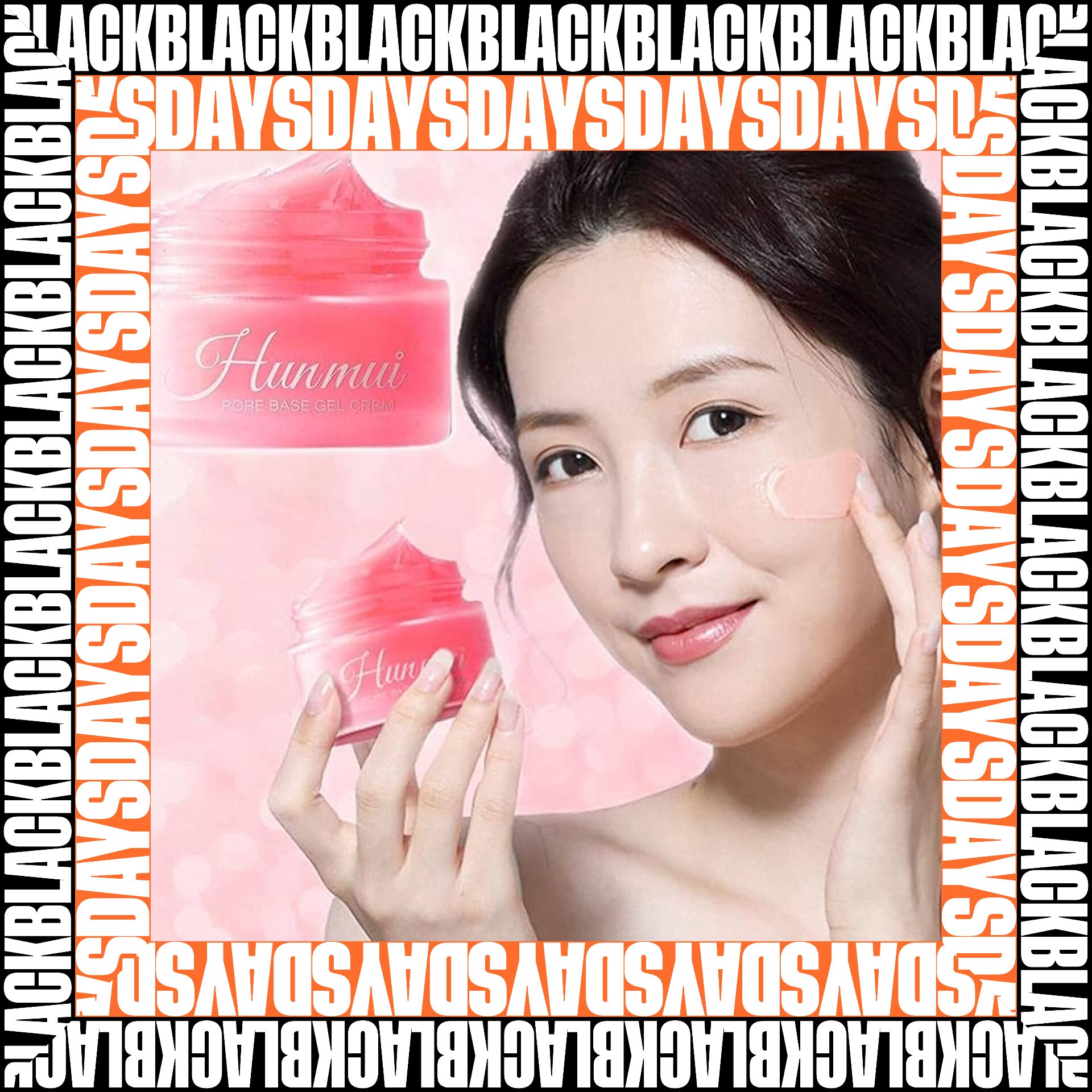 Primér facial hidratante Hunmui textura gel rosa, mujer aplicándolo en el rostro.