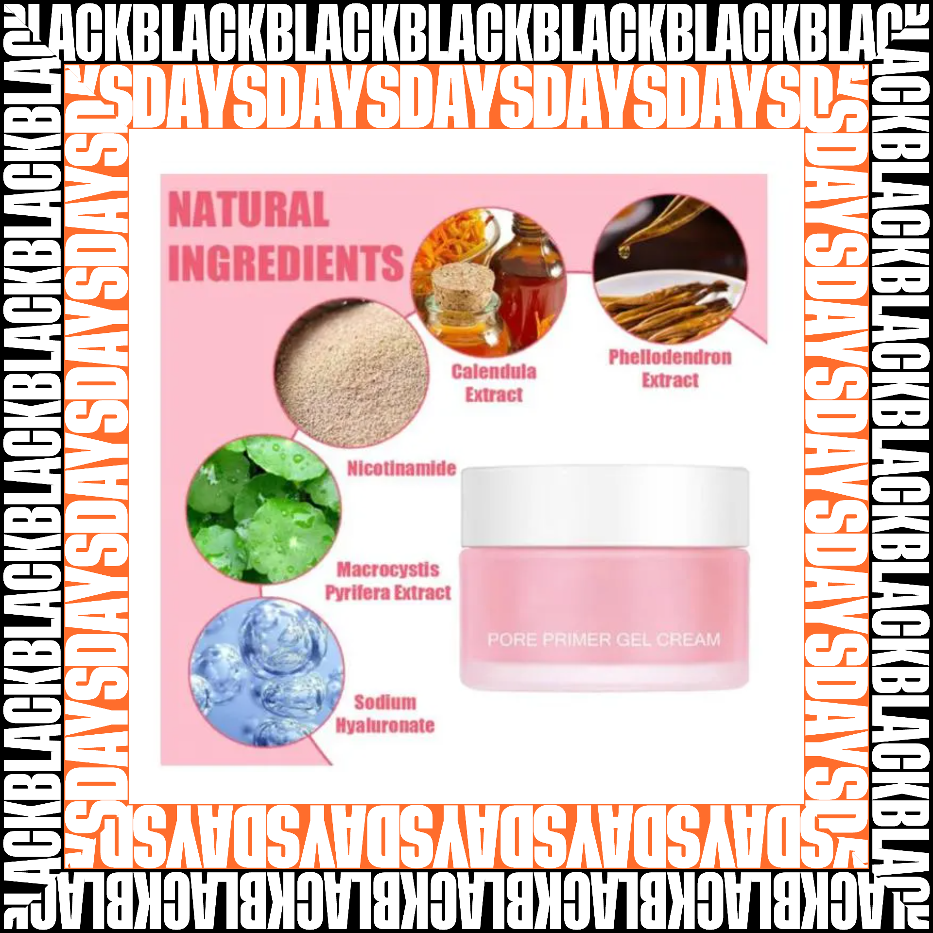 Primer facial en gel hidratante en envase rosa con ingredientes naturales: nicotinamida, calendula, macrocystis y sodium hyaluronate.