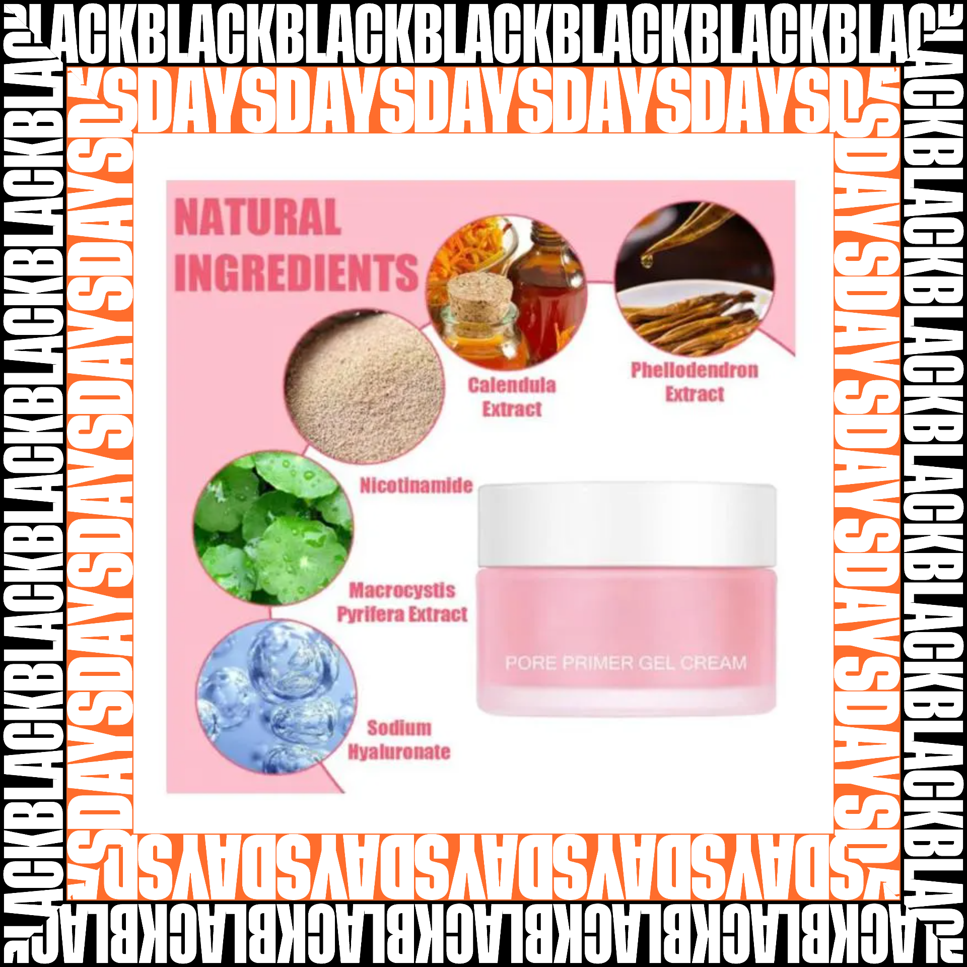 Primer facial en gel hidratante en envase rosa con ingredientes naturales: nicotinamida, calendula, macrocystis y sodium hyaluronate.