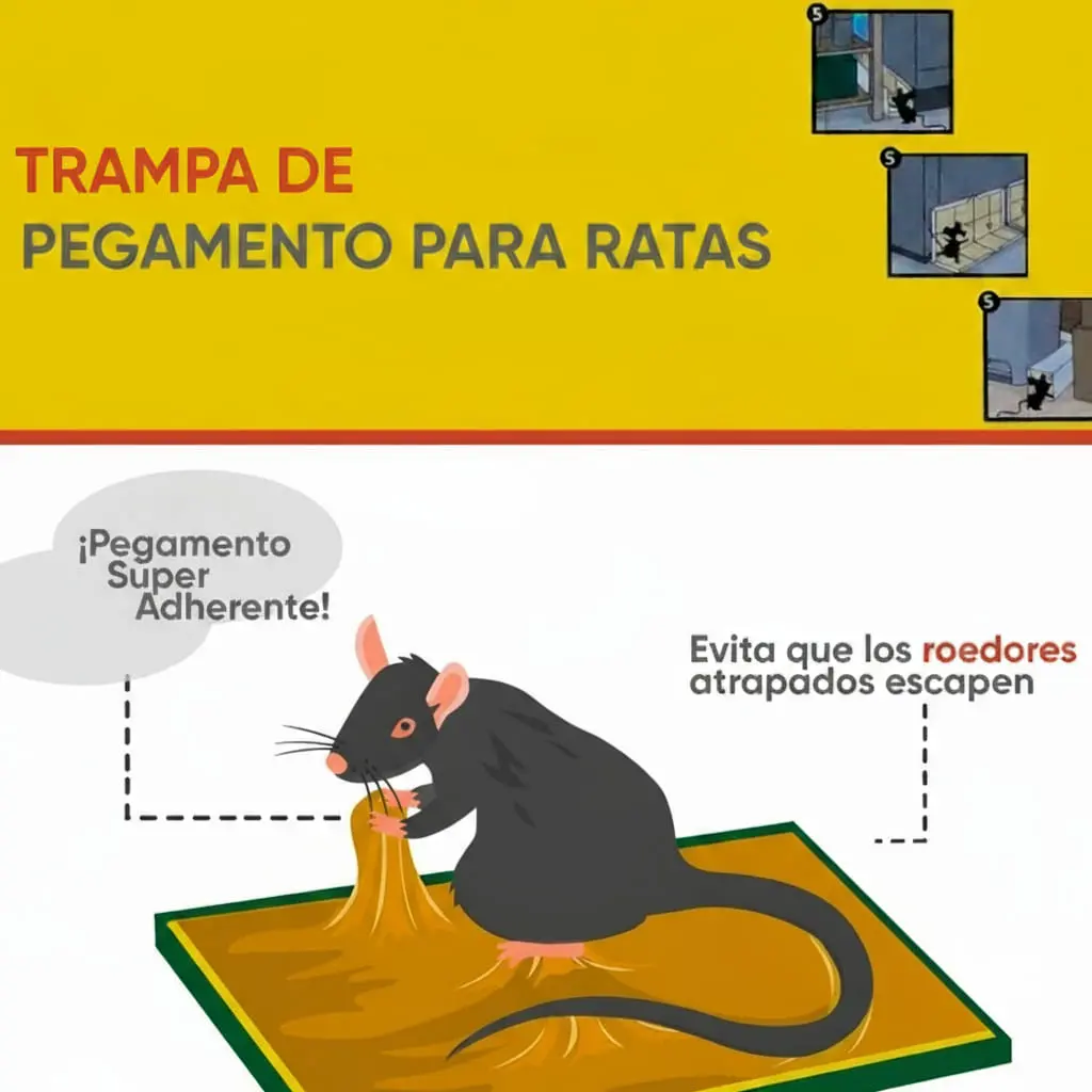 Trampa adhesiva para ratas con pegamento súper adherente que evita escapes. Control de plagas seguro.
