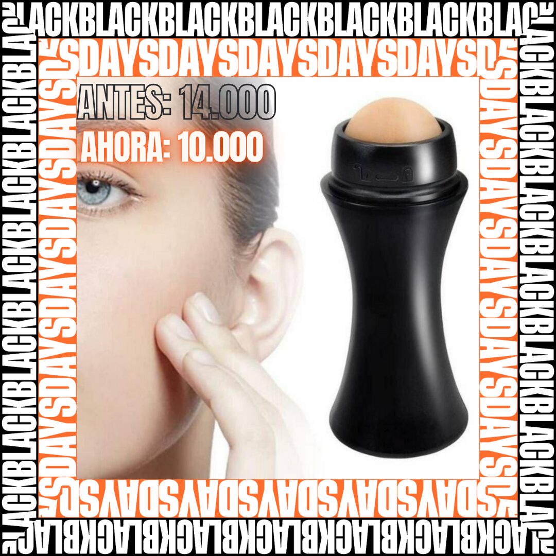 Roll-on quita grasa portátil negro con piedra volcánica, ideal para rostro. Antes: 14.000, Ahora: 10.000.