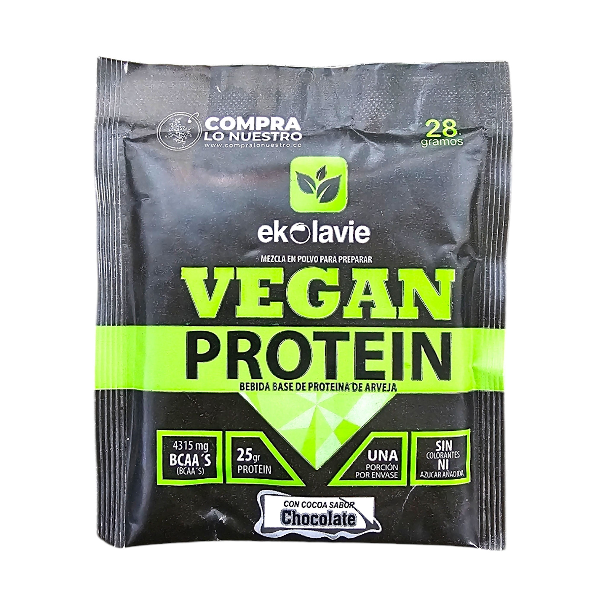 Proteína vegana de arveja Ekolavie sabor chocolate en empaque individual de 28 gramos.