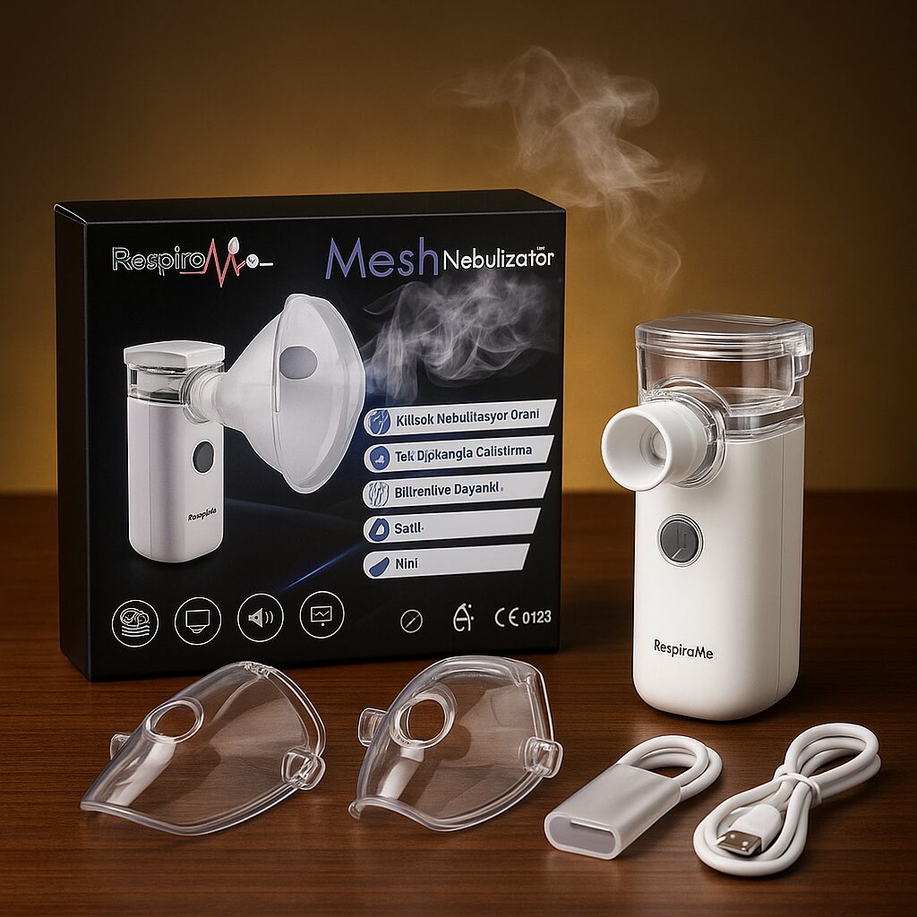 Nebulizador ultrasónico portátil blanco con accesorios y empaque, ideal para aliviar vías respiratorias.