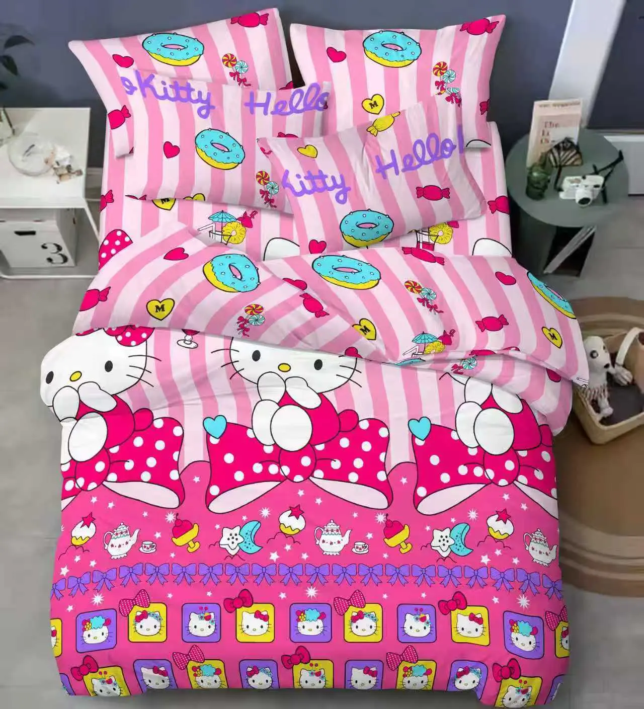 Juego de sábanas infantiles Hello Kitty rosa con donuts y lazos, estampado divertido para cama.