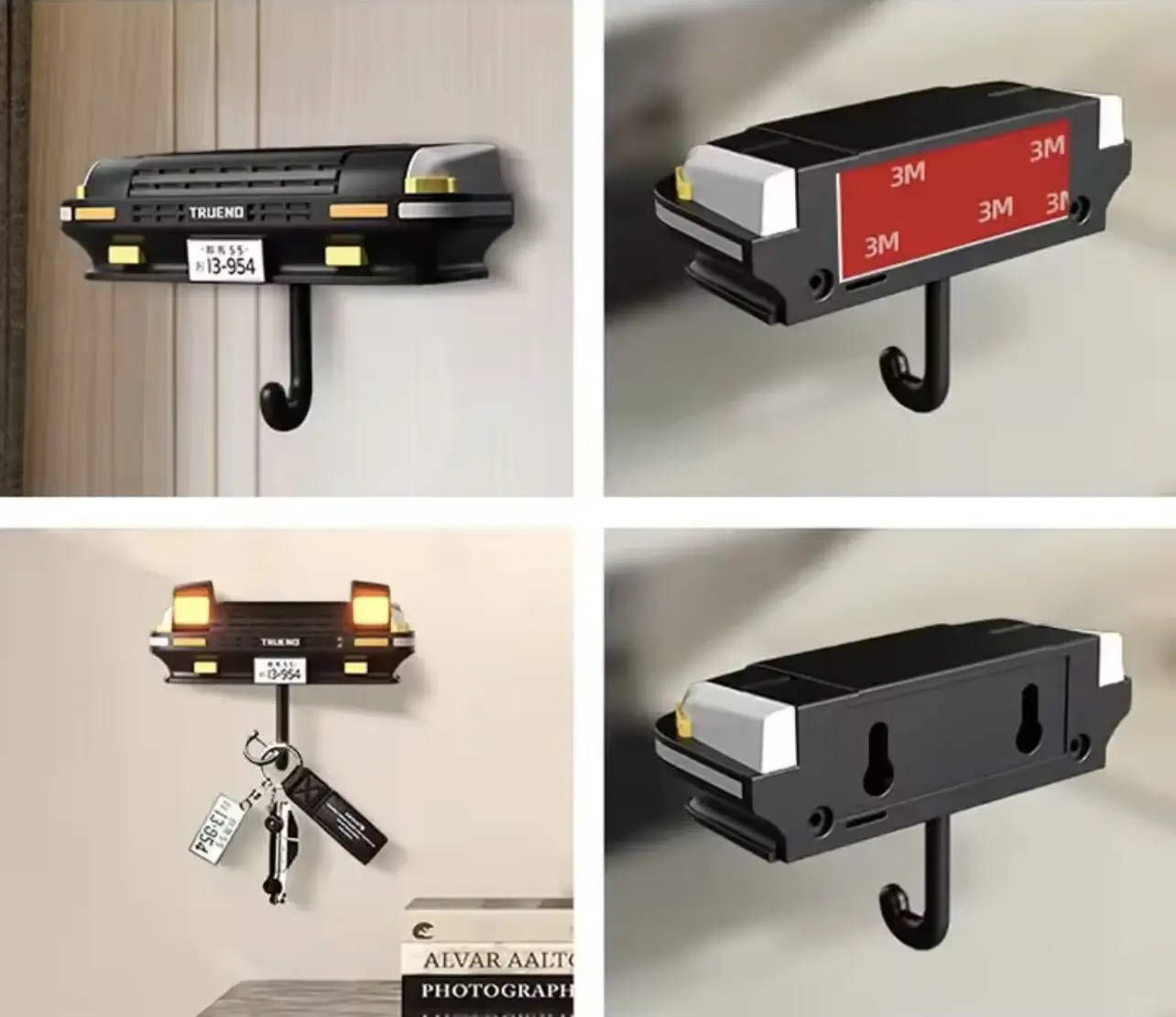 Gancho para llaves en forma de parte frontal de auto negro, con luces y matrícula, ideal para colgar en pared.