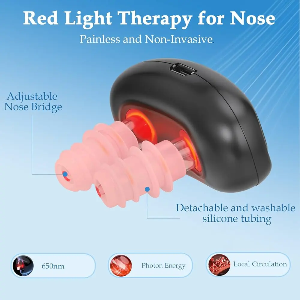 Dispositivo de terapia nasal con luz roja de 650nm, puente ajustable y tubos de silicona lavables para aliviar congestión.