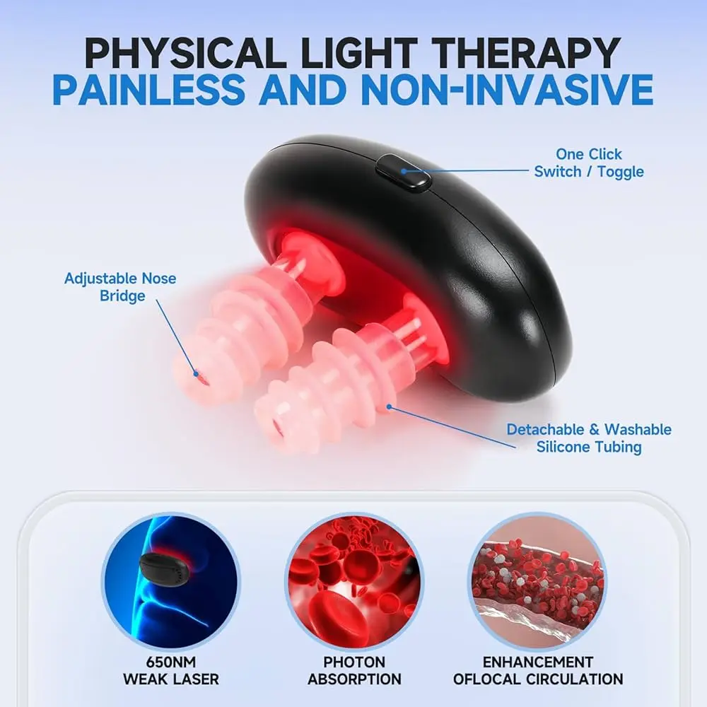 Dispositivo de terapia nasal con luz roja infrarroja, ajustable, con tubos de silicona lavables. Alivio rápido.