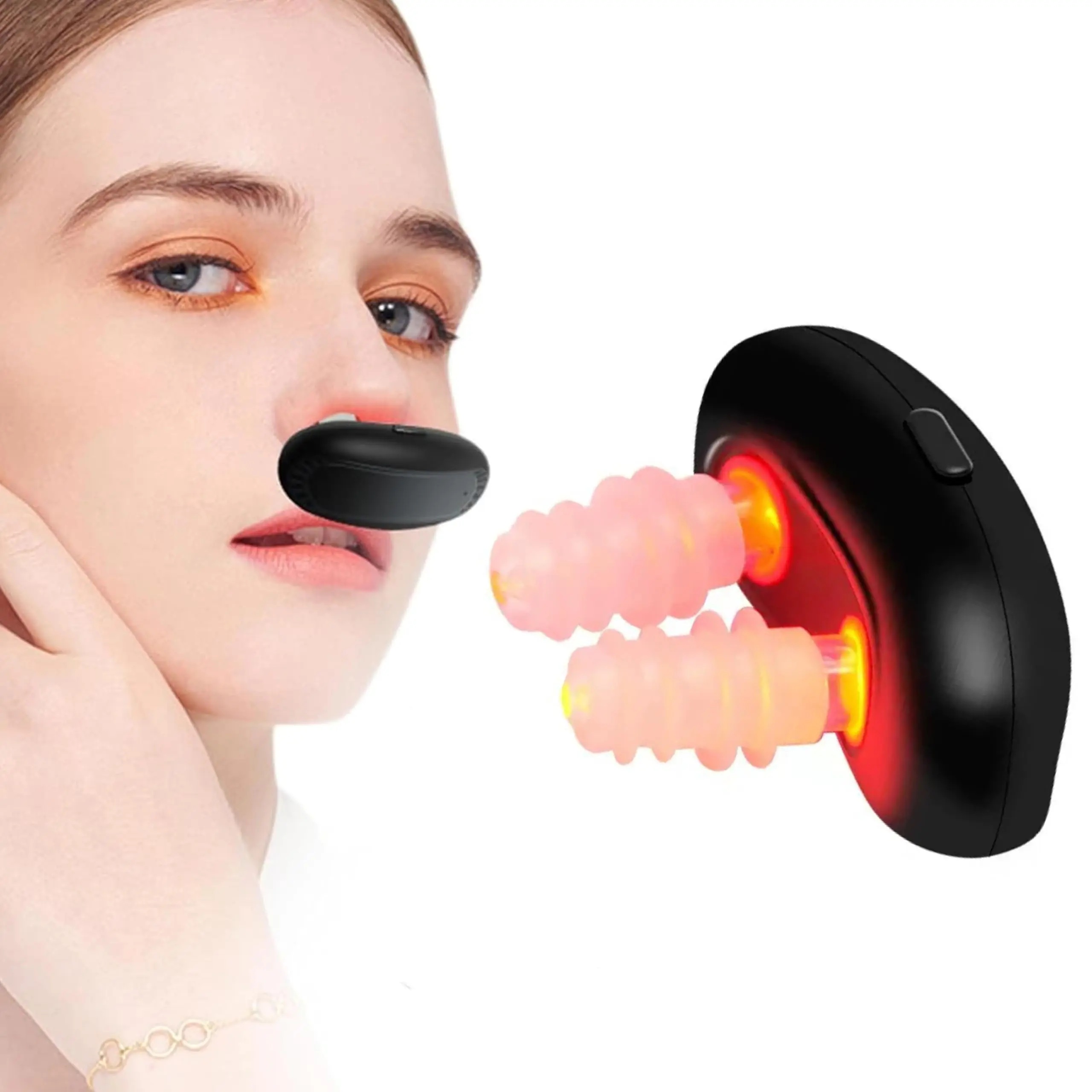 Dispositivo nasal con luz roja infrarroja para aliviar congestión y estornudos.