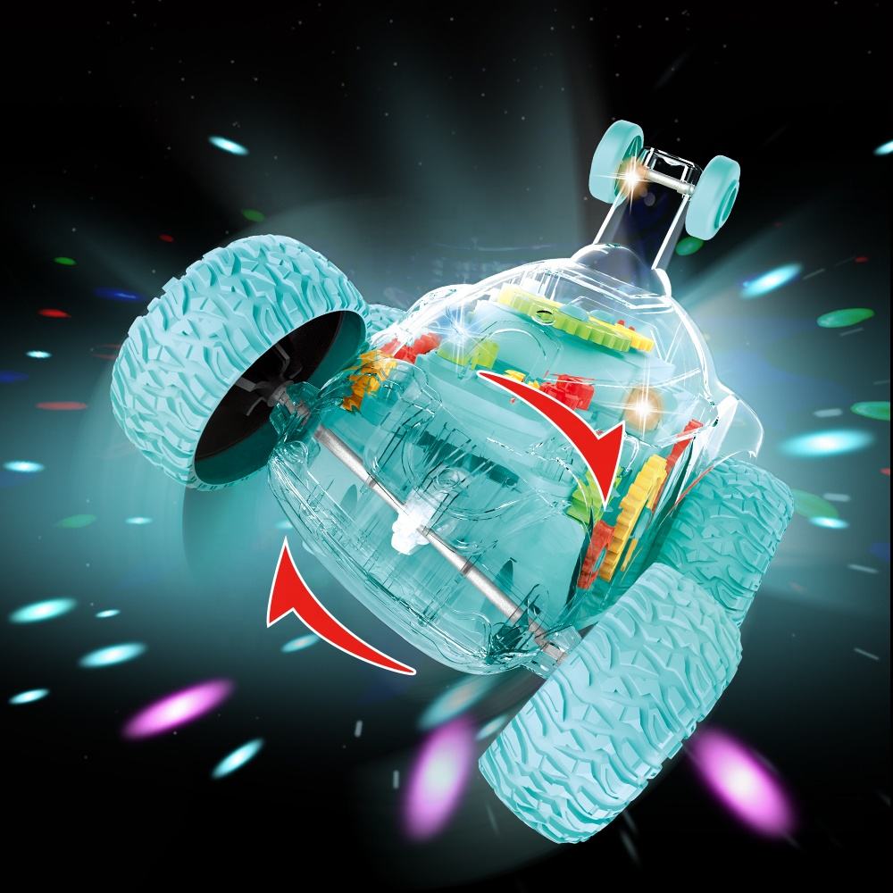Coche loco transparente con engranajes visibles, ruedas turquesas, luces de discoteca, ideal para niños.