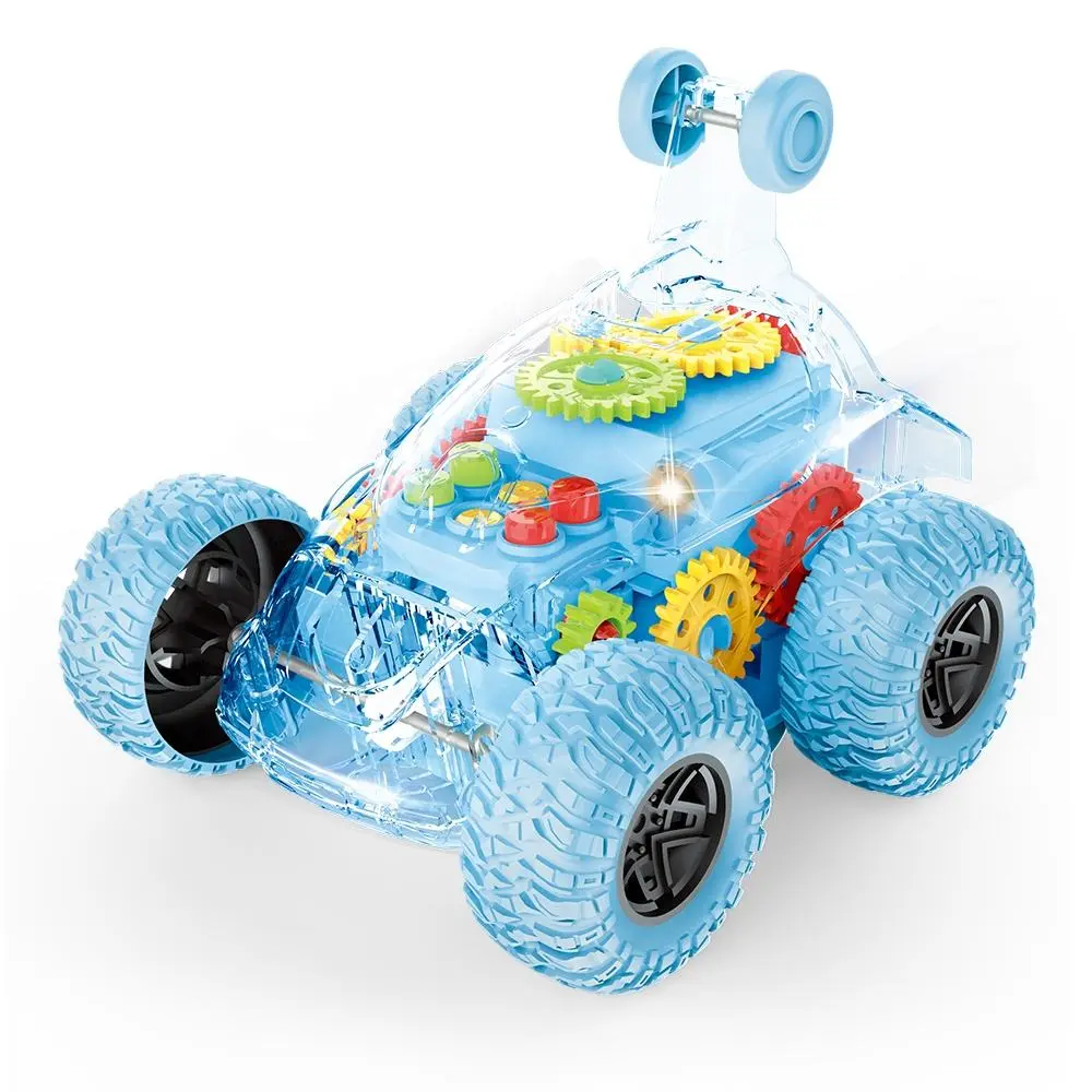 Coche loco transparente con engranajes visibles de colores, ruedas grandes y luces LED.