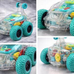 Coche loco transparente con engranajes visibles, ruedas turquesas, ideal para niños curiosos.