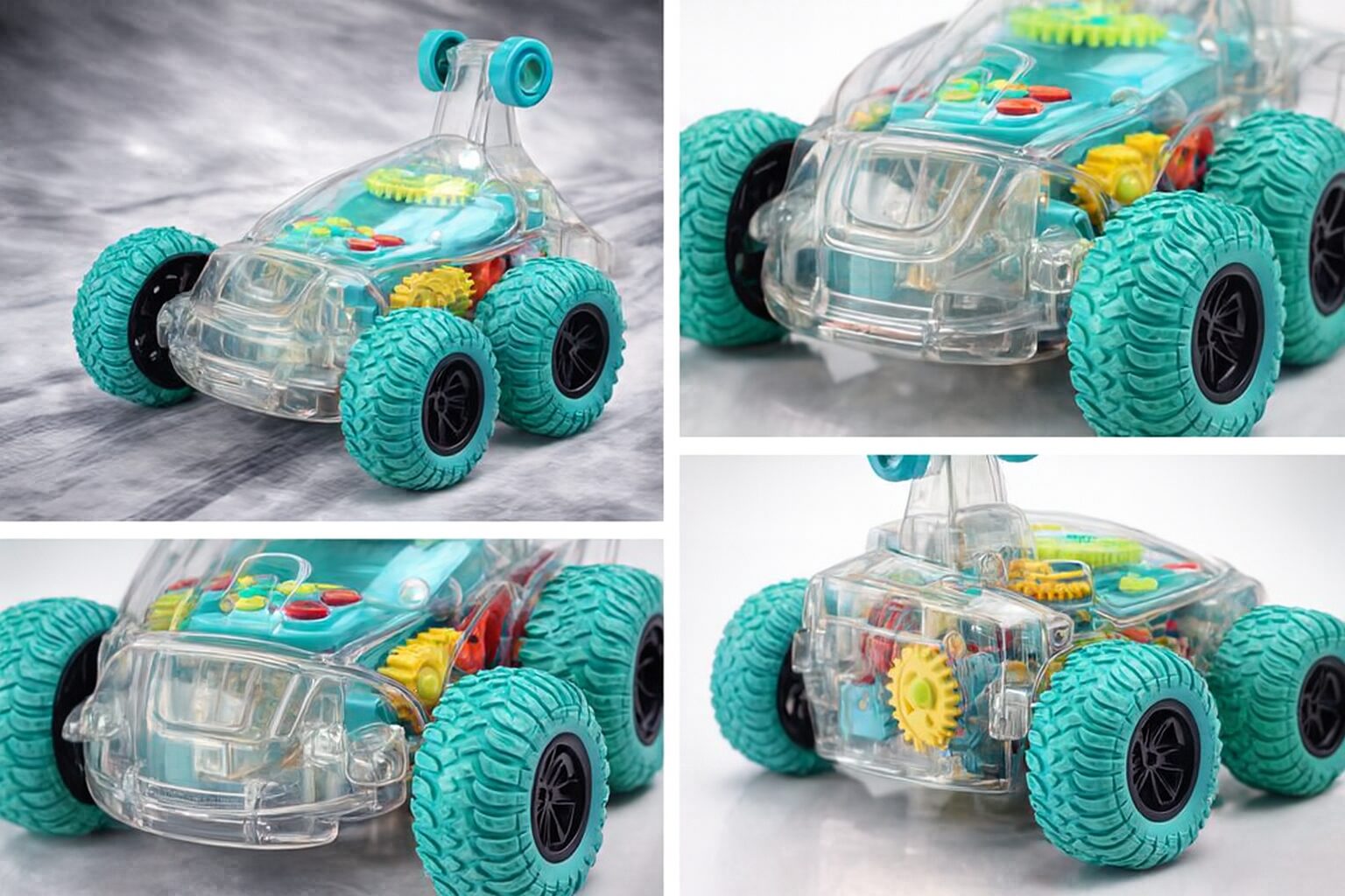 Coche loco transparente con engranajes visibles, ruedas turquesas, ideal para niños curiosos.
