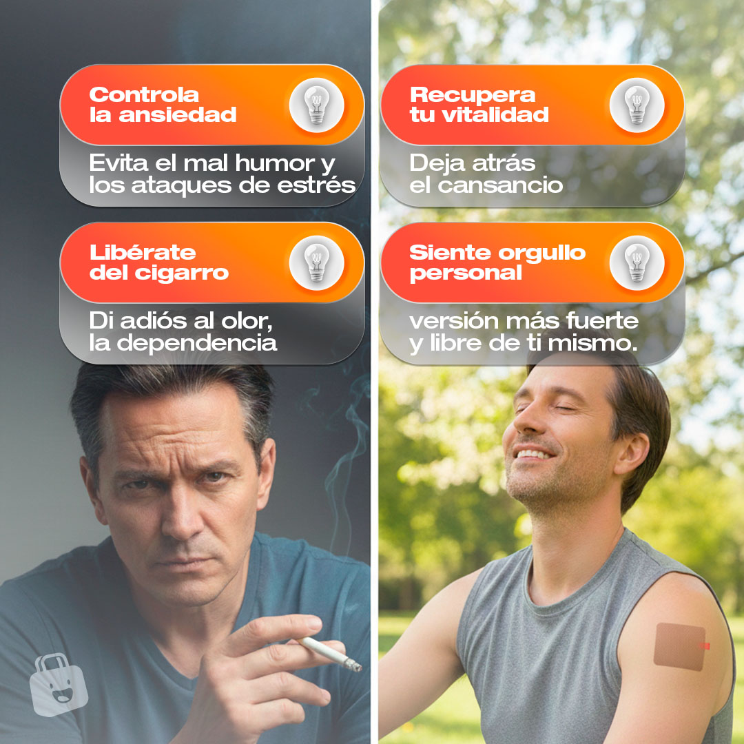 Set x3 parches anti-fumar, control de ansiedad y vitalidad. Hombre fumando vs. hombre feliz con parche.
