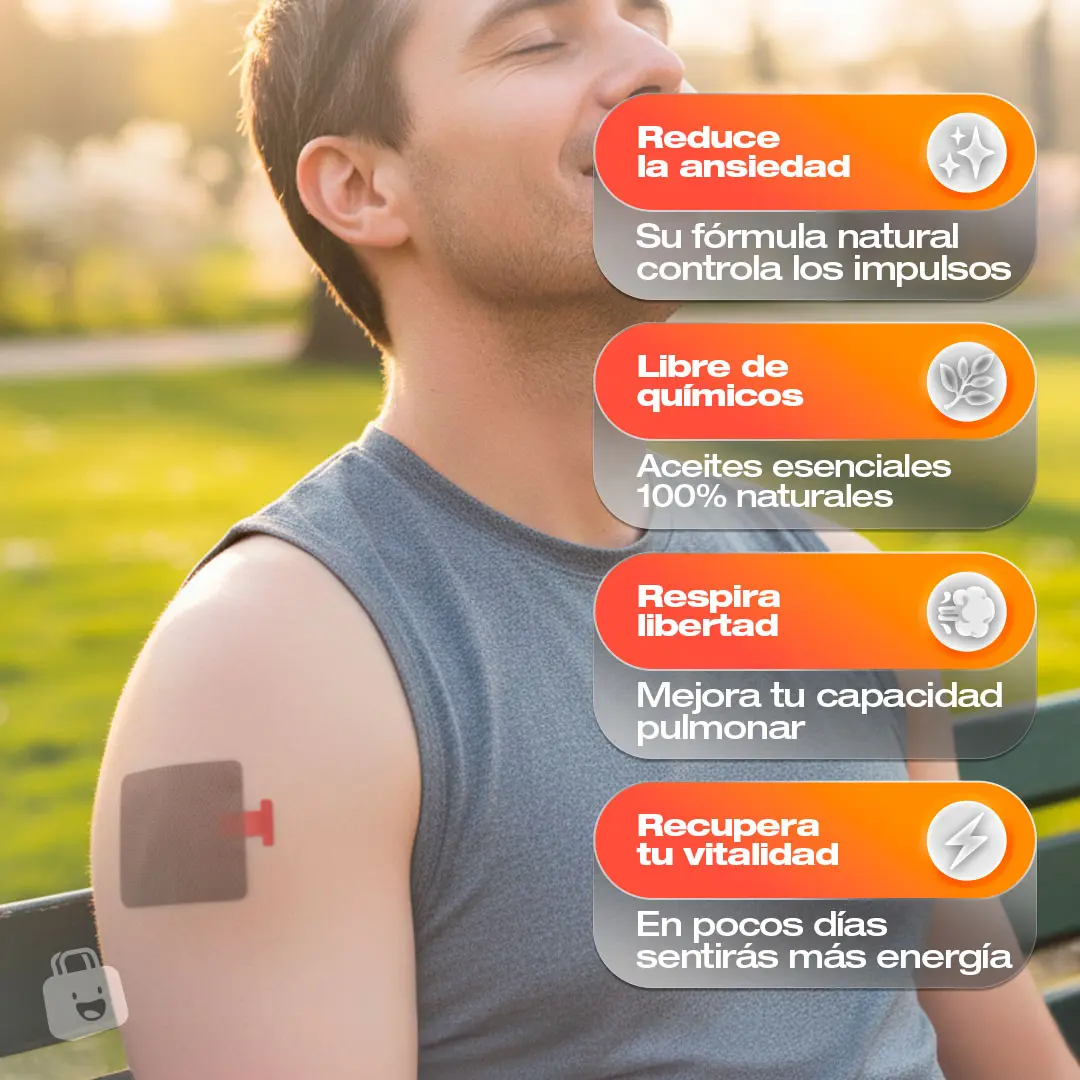 Hombre con parche en brazo fumador, con beneficios: reduce ansiedad, sin químicos, respira libertad, recupera vitalidad.