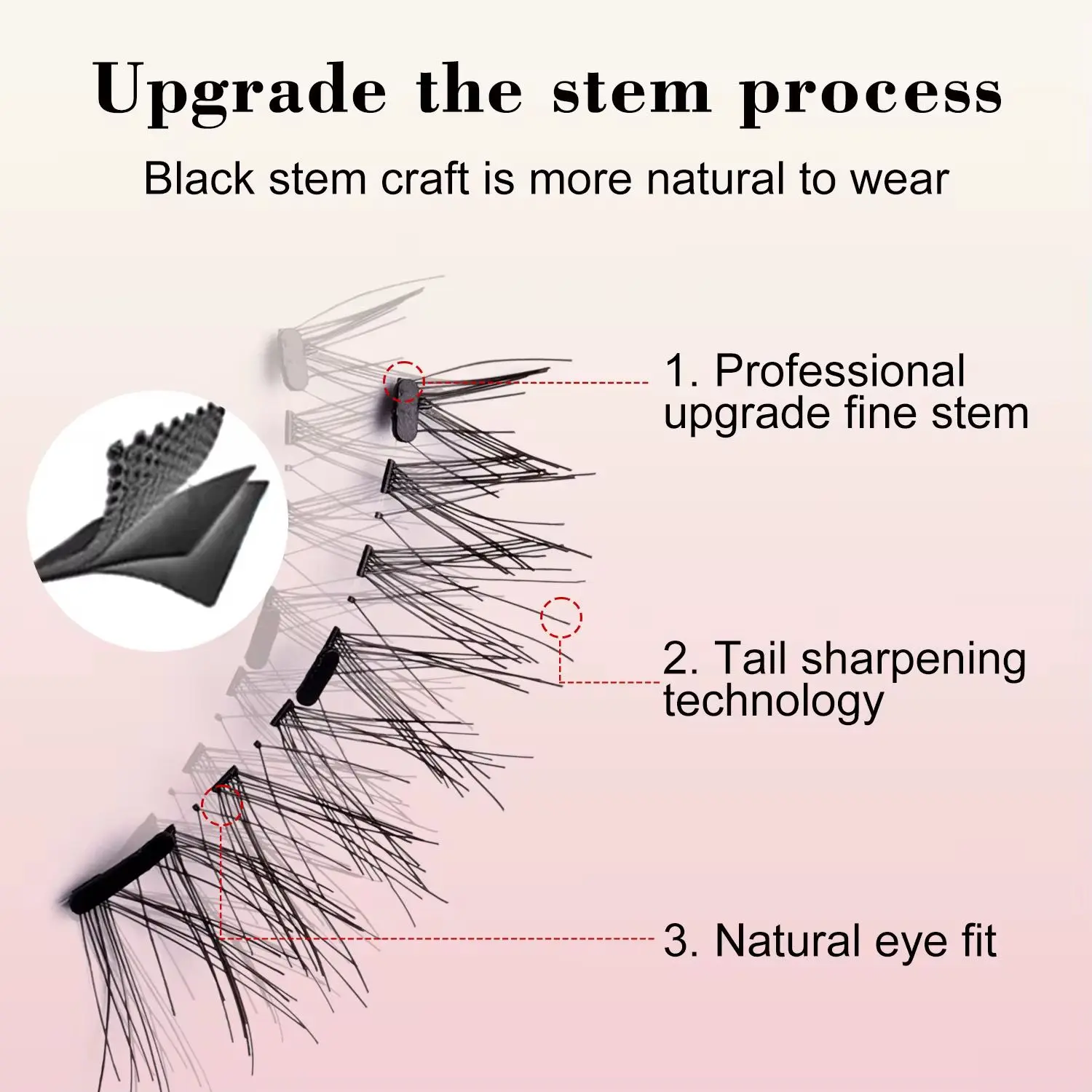 Pestañas magnéticas con tallo negro mejorado, fino, con tecnología de punta y ajuste natural al ojo.