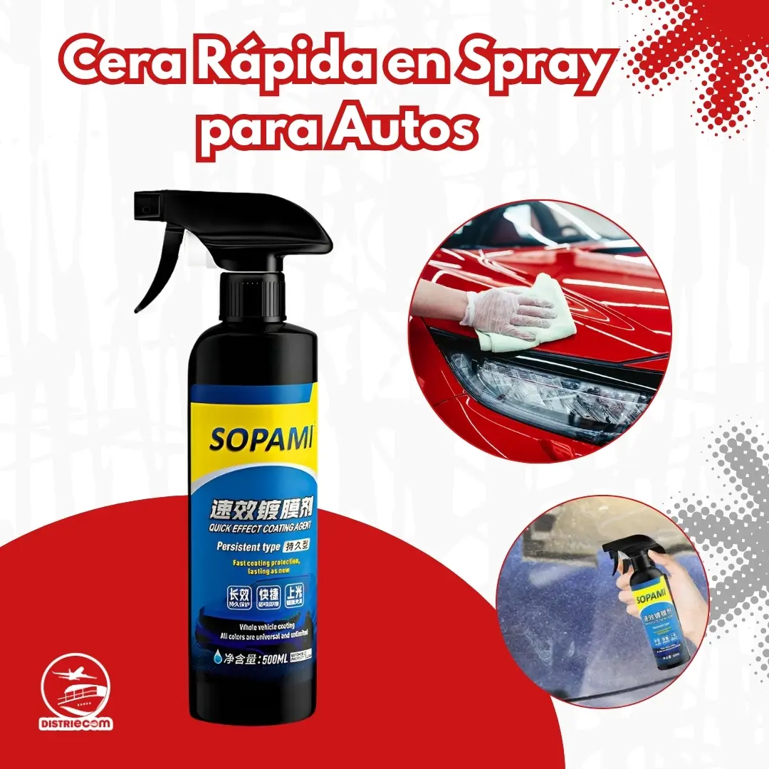 Sopami spray cerámico protector para autos, botella negra y amarilla, aplicación en coche rojo.