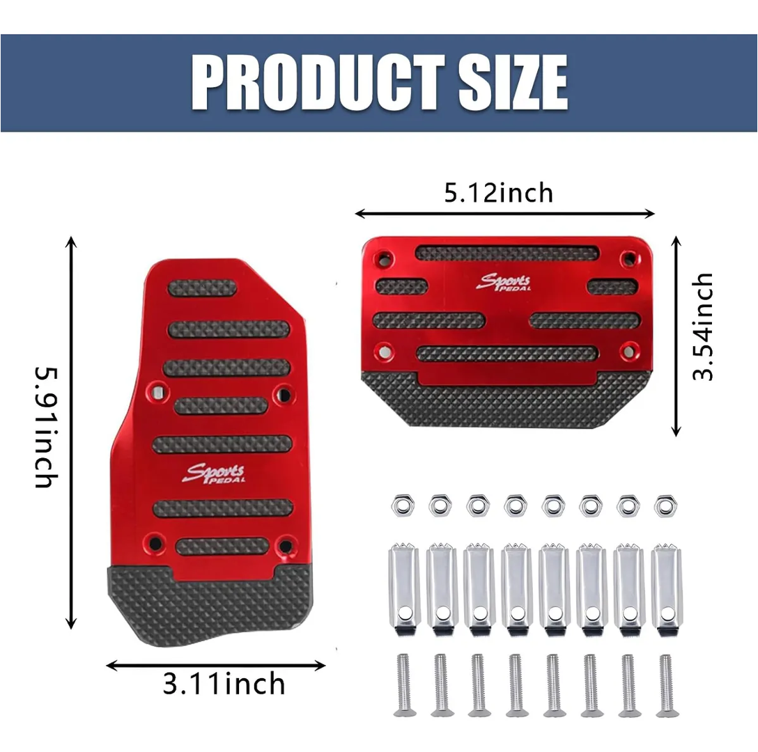 Set x2 pedales deportivos rojos para carro automático, 5.91x3.11 y 5.12x3.54 pulgadas, con accesorios.