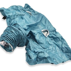 Bolsa secadora azul para mascotas, con tubo flexible y aberturas.