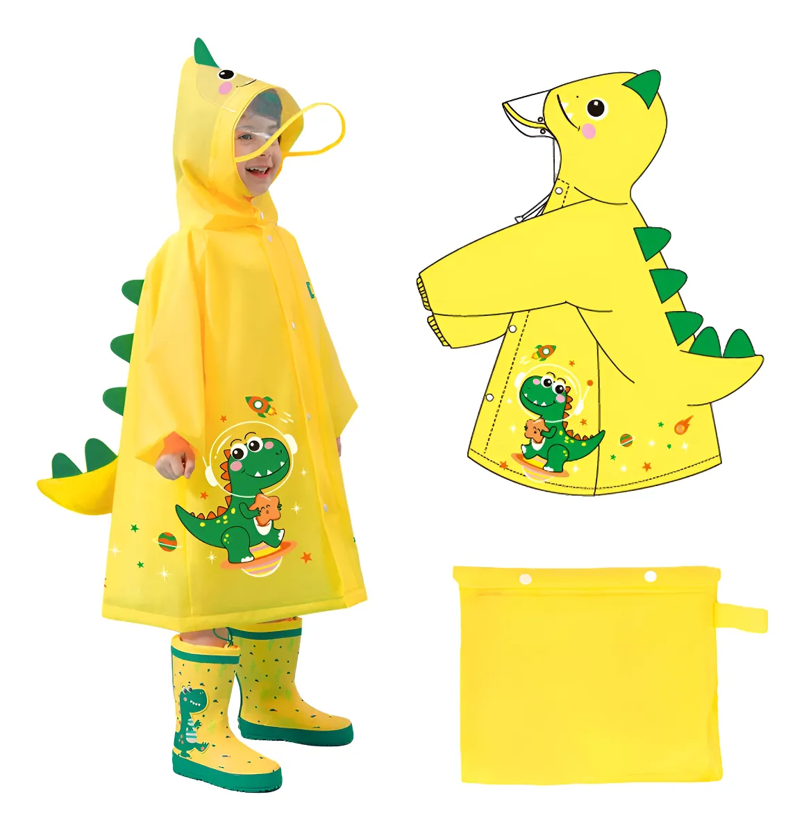 Poncho amarillo para niños con diseño de dinosaurio, capota, cola y botas a juego. Incluye bolsa.