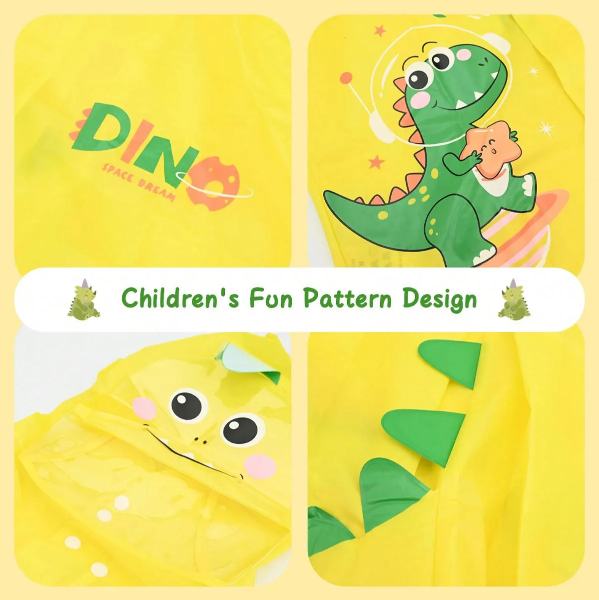 Poncho impermeable amarillo para niños con diseño de dinosaurio espacial y cara divertida.