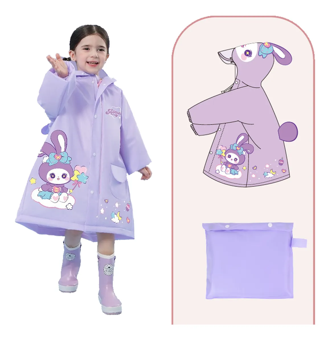Poncho impermeable morado para niños con diseño de conejito, incluye bolsa de almacenamiento.