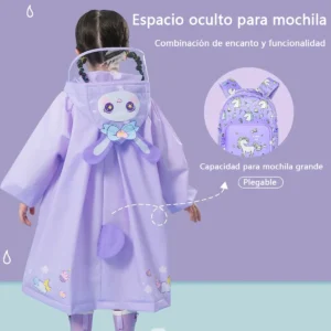 Poncho impermeable morado para niños con diseño de conejo, capota y espacio para mochila.