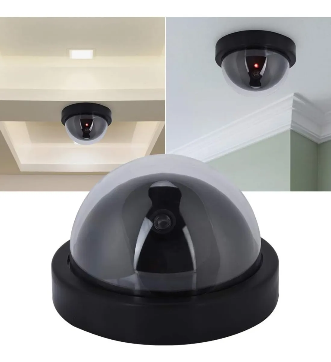 Cámara domo falsa negra con LED rojo intermitente en techo, disuade intrusos.