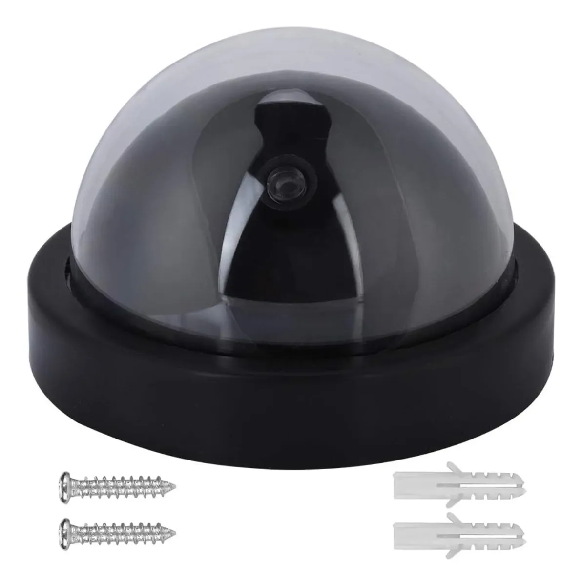 Cámara domo falsa negra con LED, incluye tornillos y taquetes para instalación.