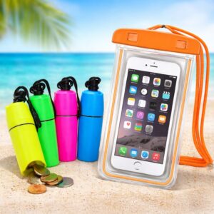 Set x2 monederos impermeables de colores brillantes con monedas y bolsa porta celular transparente lista para usar en la playa.