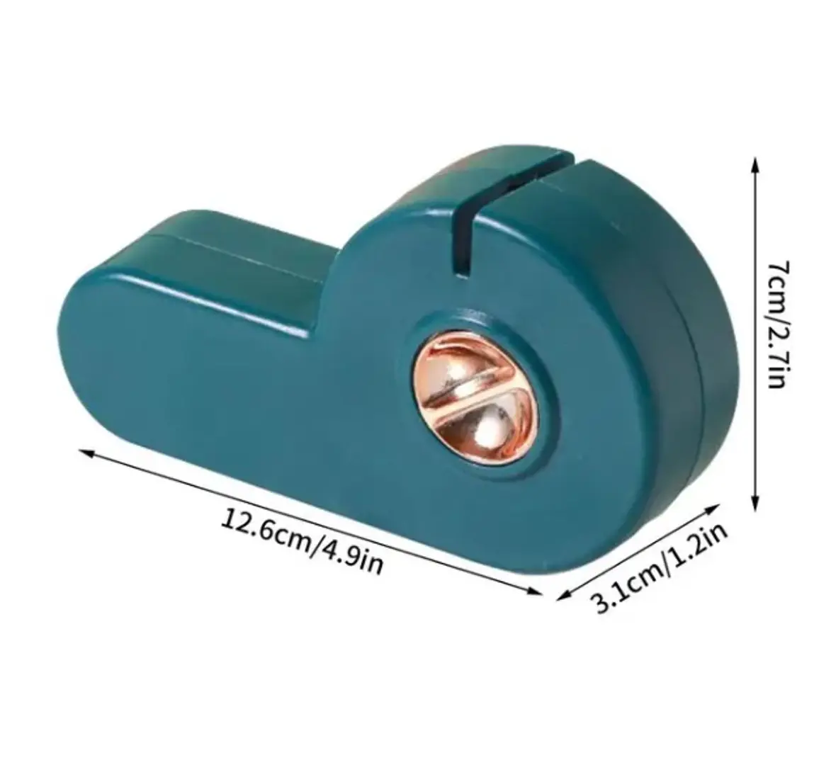 Afilador de cuchillos manual verde, 12.6cm largo, 7cm alto, 3.1cm ancho.