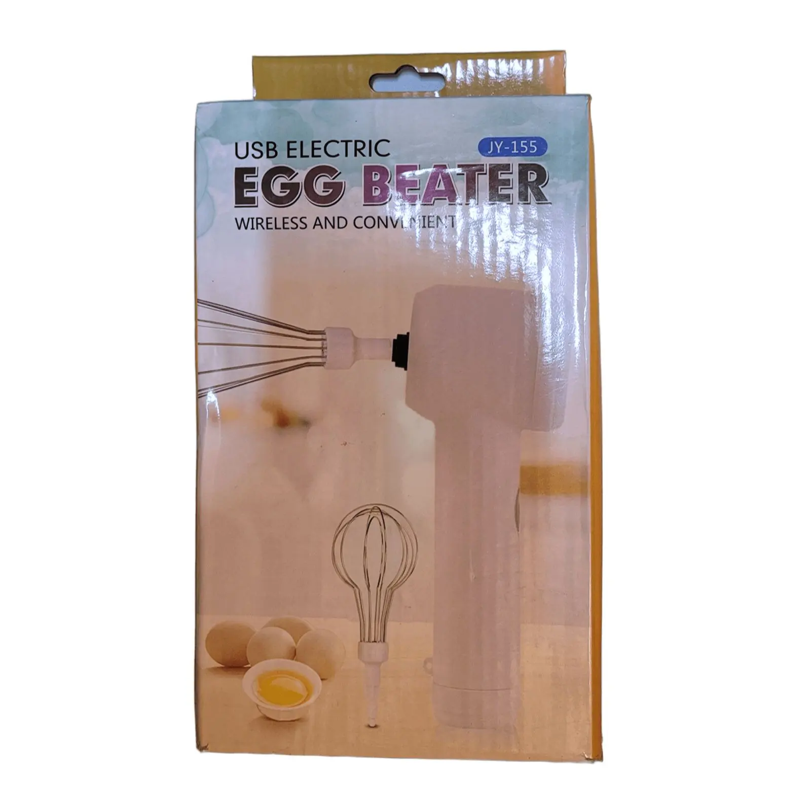 Caja de batidora de huevos eléctrica USB, blanca, inalámbrica, con accesorio batidor y huevos de muestra.
