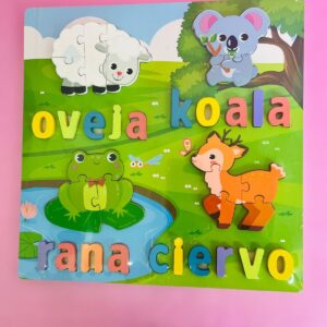Didáctico de encajables para niños con figuras de oveja, koala, rana y ciervo en español.