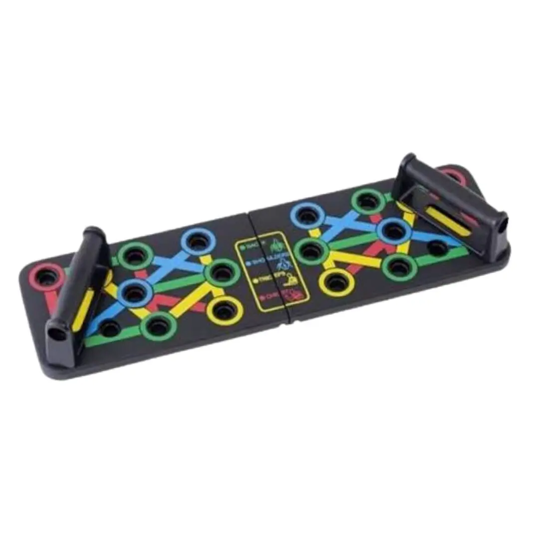 Tabla push-up plegable negra con asas y orificios de colores para diferentes ejercicios de tren superior.