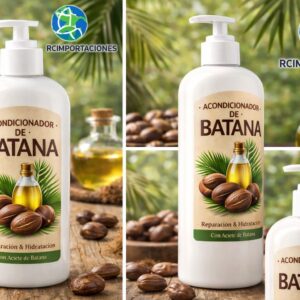 Acondicionador Batana Premium en envase blanco con dispensador, rodeado de frutos de batana y aceite.