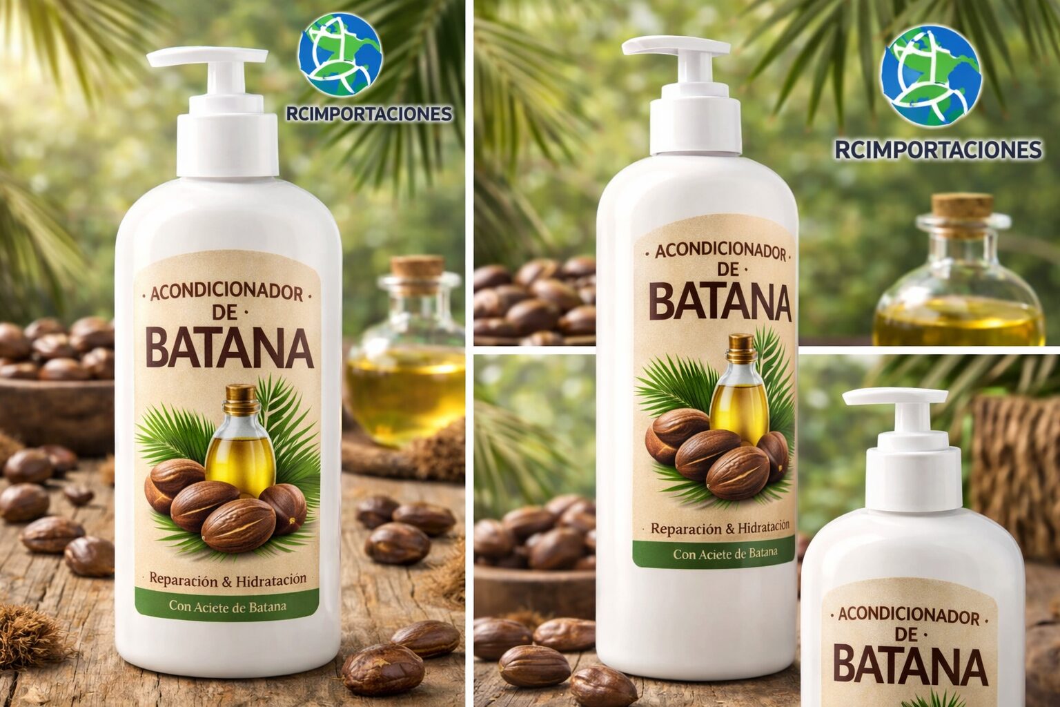 Acondicionador Batana Premium en envase blanco con dispensador, rodeado de frutos de batana y aceite.