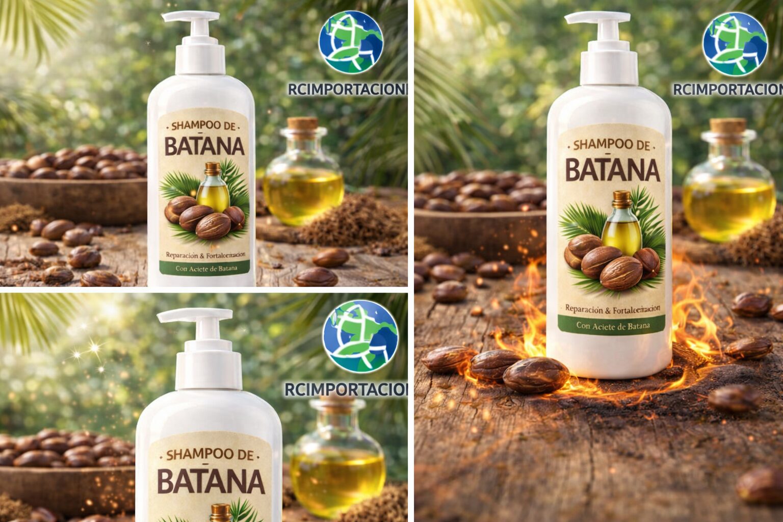 Botella blanca de Shampoo de Batana con aceite y frutos secos, para reparación y fortalecimiento capilar.
