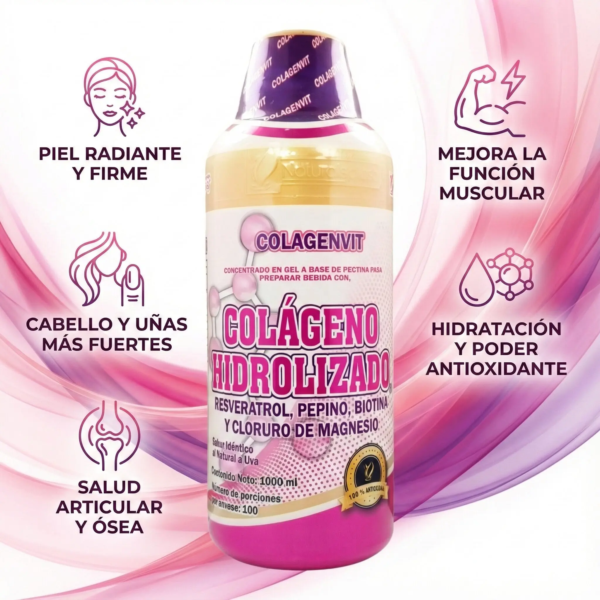 Botella de 1 L de colágeno hidrolizado sabor uva para piel, cabello, uñas, músculos y articulaciones.