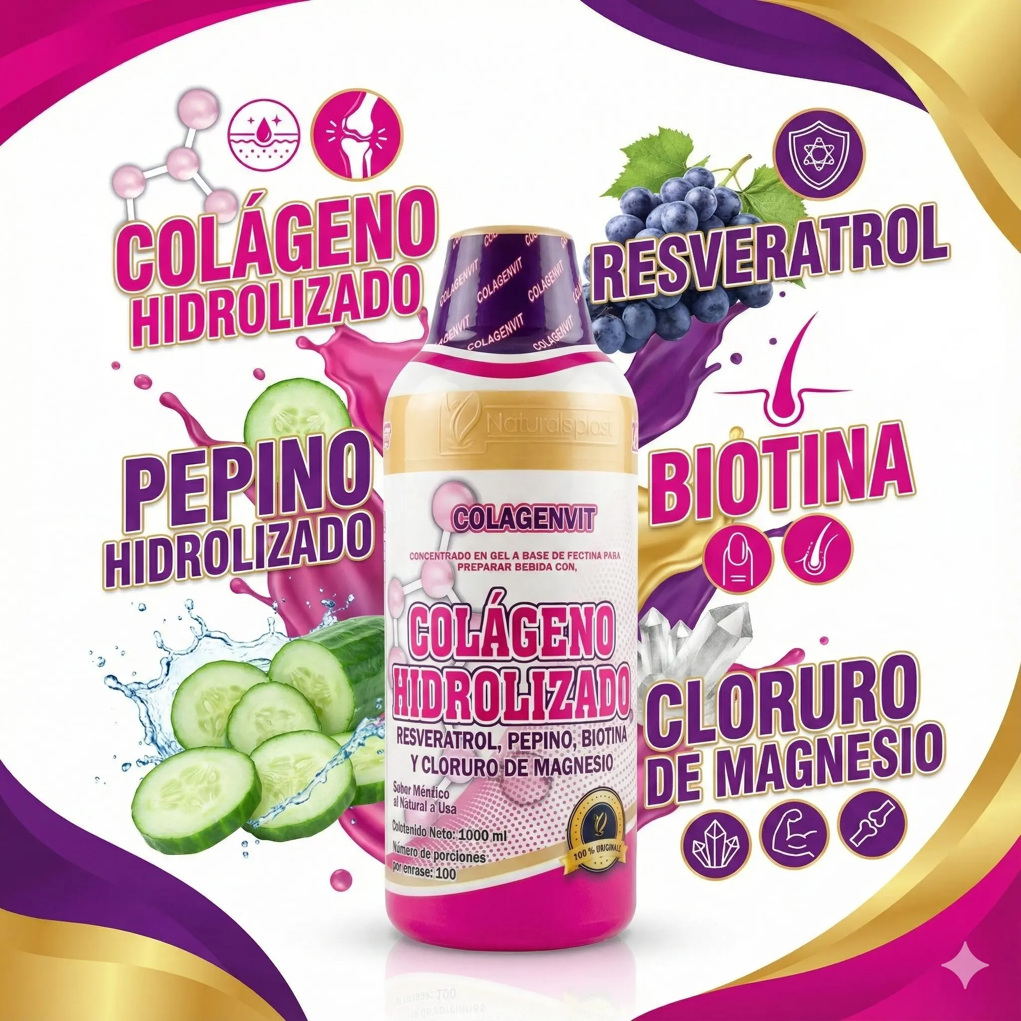 Bebida de colágeno hidrolizado V001 Coctel Juventud sabor menta 1000 ml con resveratrol, pepino y biotina.