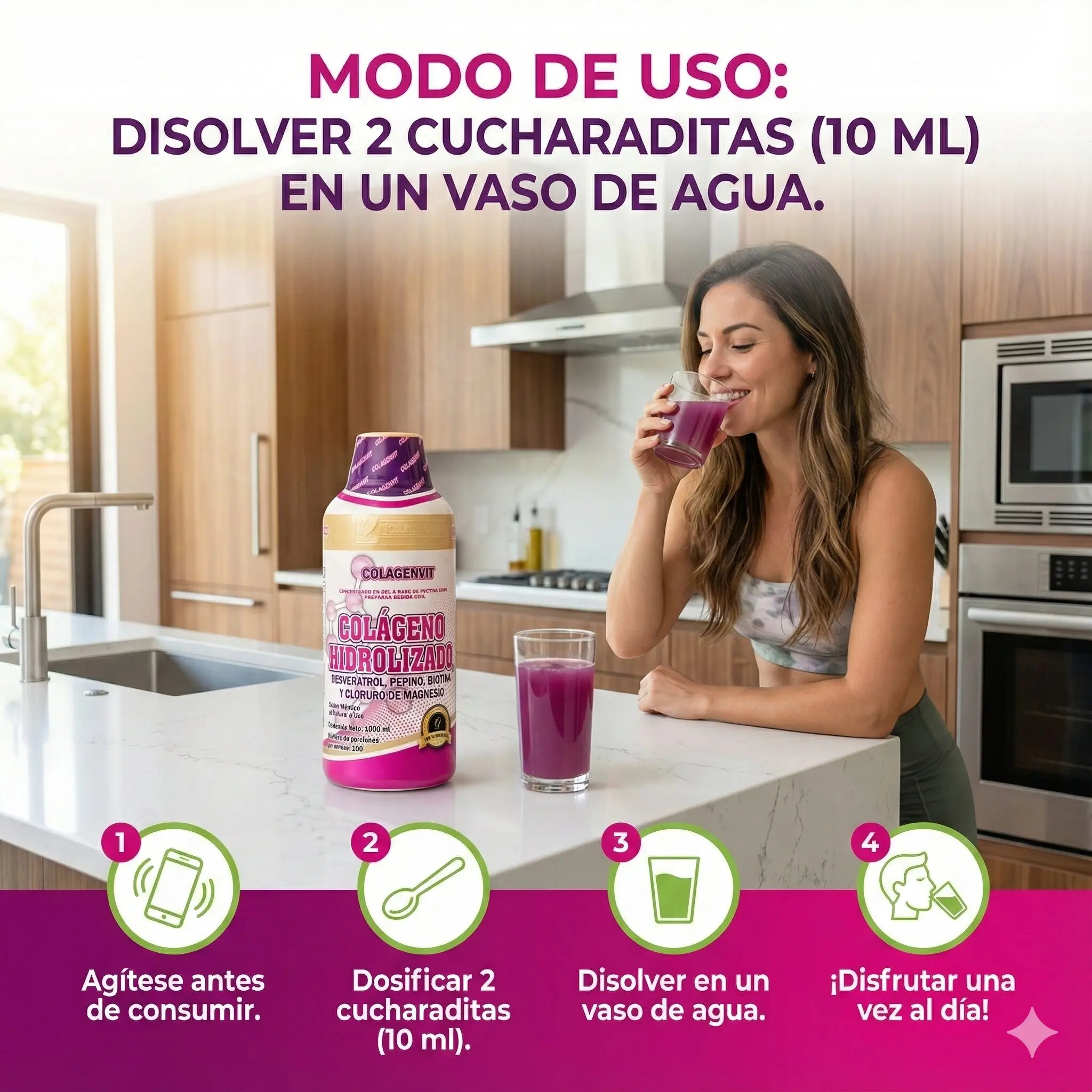 Botella de colágeno hidrolizado de 1 litro, mujer disfrutando bebida morada, instrucciones de uso.