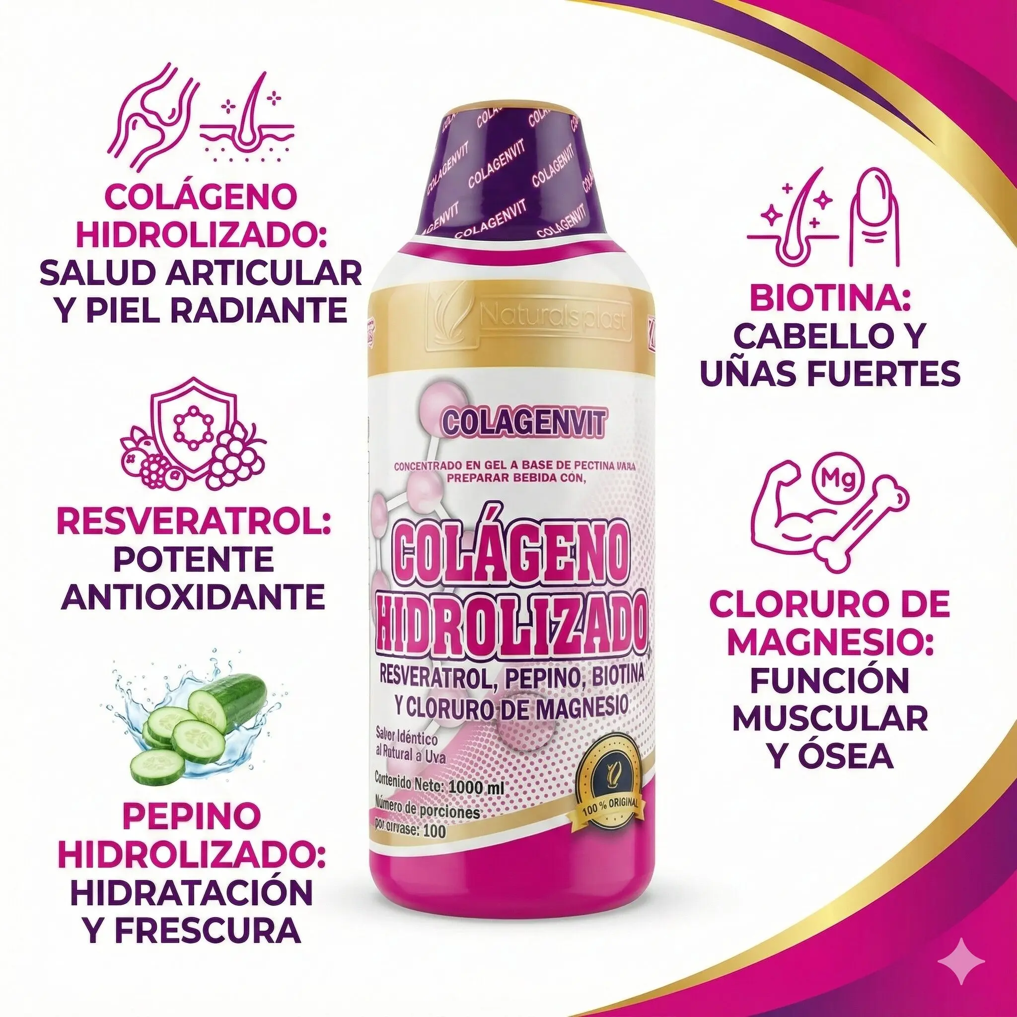 Colagenvit Coctel Juventud 1L con colágeno hidrolizado, biotina, resveratrol, pepino y magnesio para salud, cabello, piel y huesos.