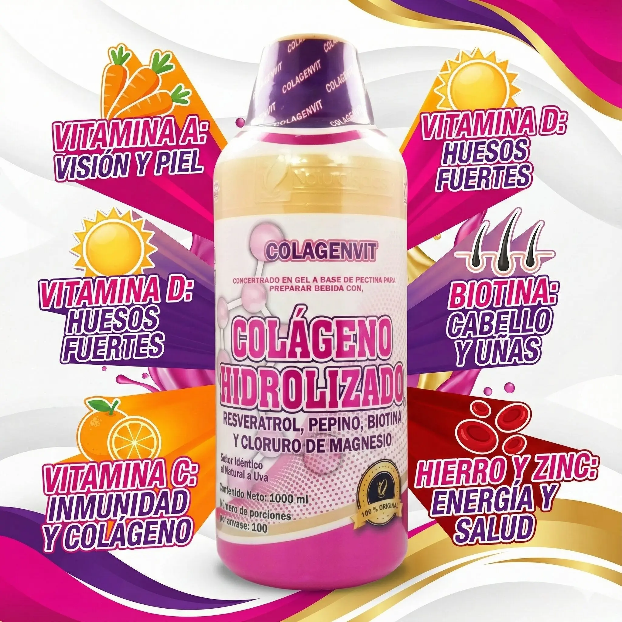 V001 Coctel Juventud Colageno 1L con Vitamina A, D, C, Biotina, Hierro y Zinc.