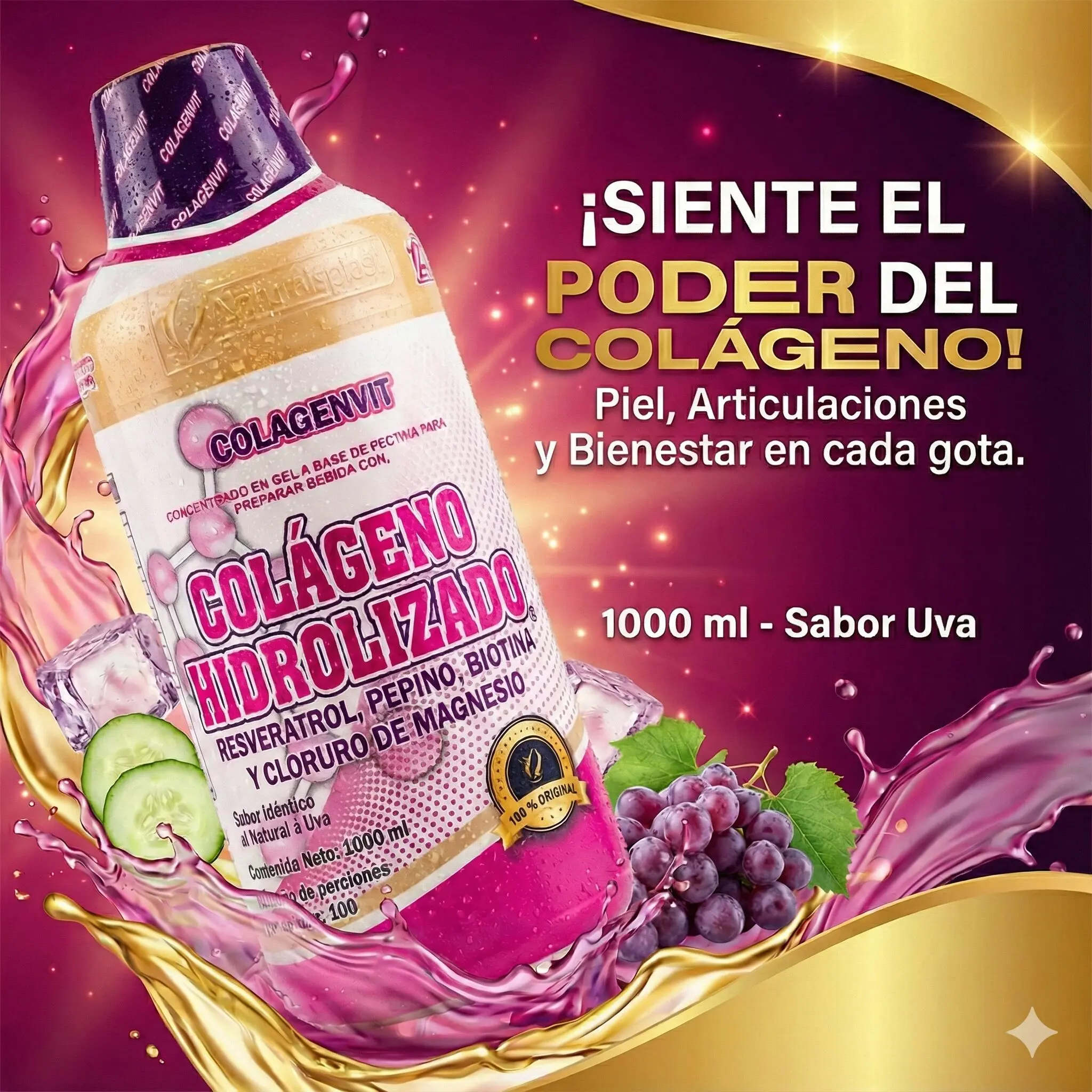 Colágeno Hidrolizado sabor uva en botella de 1000 ml con ingredientes como resveratrol y pepino.