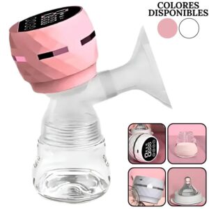 Extractor de leche materna eléctrico rosa con pantalla digital, incluye accesorios.
