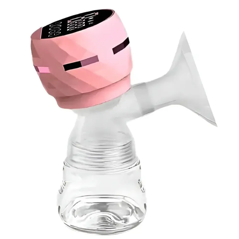 Extractor de leche eléctrico rosa con pantalla digital, biberón de vidrio y embudo de silicona.
