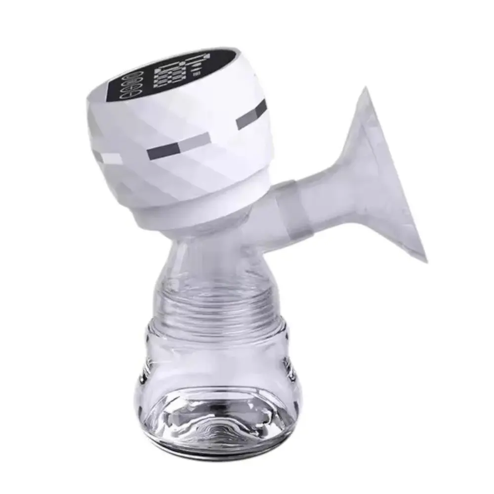 Extractor de leche materna eléctrico blanco con pantalla digital y biberón de vidrio.